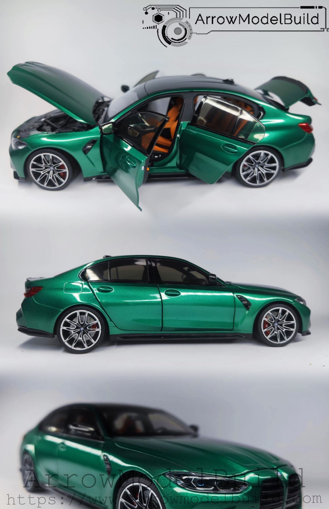 Picture of AeroModelBuild BMW M3 G80 (Isle of Man Green) Black and Brown Interior with Silver Wheels Built & Painted 1/18 Model Kit
